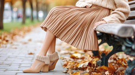 Fashionable woman wearing pleated skirt and warm socks sitting on bench in autumn parkの素材