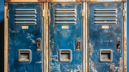 Three old lockers are showing their age with rust and chipped paintの素材