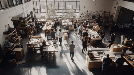 Design students working together, upcycling materials in a brightly lit workshopの素材