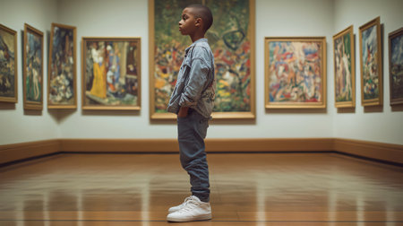 Young boy is contemplating artwork while standing in a classic art galleryの素材