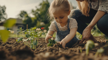 Little gardener planting flowers with her mother in home garden, enjoying quality time together and learning about natureの素材