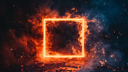 Square neon sign is standing on the ground, surrounded by burning flames and smokeの素材