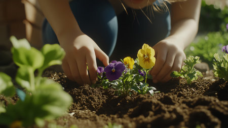 Child planting colorful pansies in rich dark soil, enjoying gardeningの素材