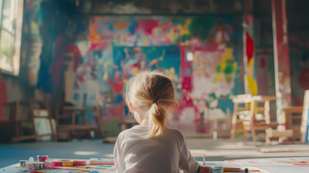 Young artist painting in a messy art studio with a large colorful mural in the backgroundの素材