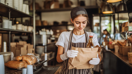 Young smiling waitress wearing gloves and cap preparing takeaway food order in paper bag in restaurantの素材