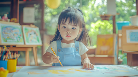 Little girl painting on a large sheet of paper in preschool classroomの素材