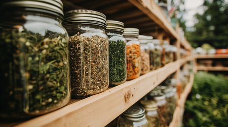 Glass jars filled with various dried herbs and spices sit on wooden shelves, embodying the zero waste philosophyの素材