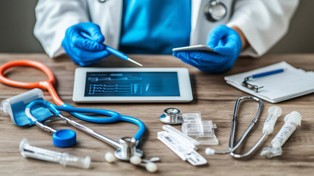 Doctor is analyzing medical data on a digital tablet, surrounded by various medical supplies, showcasing the intersection of technology and healthcareの素材