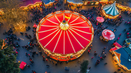 Illuminated red carousel is spinning at night, surrounded by visitors and wooden stalls of a traditional german christmas marketの素材