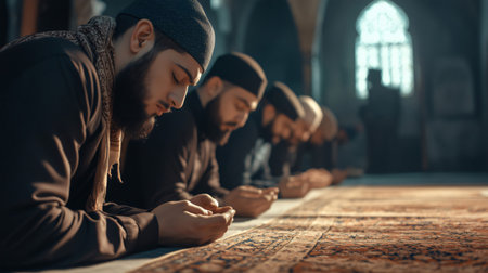 Group of young muslim men praying on a carpet in a mosqueの素材