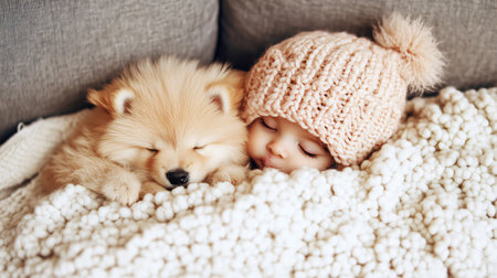 Baby and a puppy are sleeping soundly together under a cozy blanketの素材