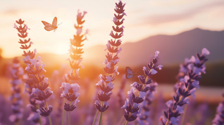 Butterflies flying over a beautiful lavender field at sunset with mountains in the backgroundの素材