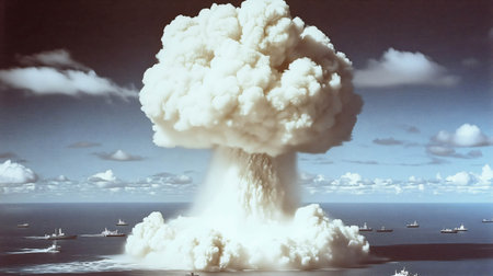 Mushroom cloud rising over the ocean after atomic bomb detonation, with navy ships in the foreground, creating a dramatic scene of military power and destructionの素材
