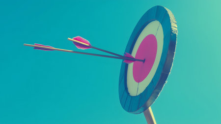 Two arrows hitting the bullseye on a target with a clear blue sky background, symbolizing success and achievementの素材