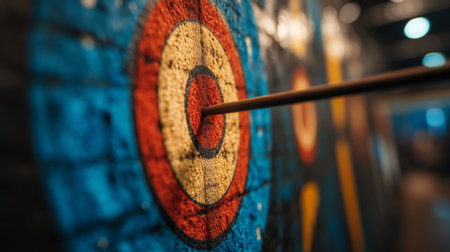 Arrow hitting the center of a colorful target, achieving a perfect shot in an indoor archery rangeの素材