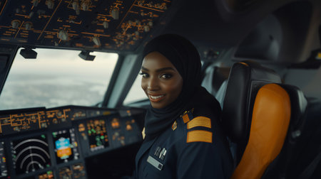 Airline pilot wearing uniform and hijab smiles inside the cockpit of a commercial planeの素材