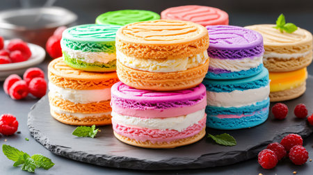 Delicious ice cream sandwiches in vibrant colors, served with fresh mint and raspberries, creating a delightful summer treatの素材
