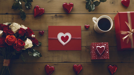 Romantic valentine's day flat lay featuring gifts, roses, and a cup of coffee on a rustic wooden backgroundの素材