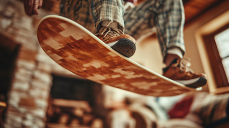 Senior man is standing on a wooden balance board, improving his balance and coordinationの素材