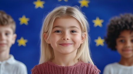 Portrait of smiling girl with classmates and european union flag in background celebrating europe dayの素材