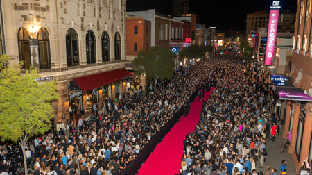 Large crowd gathering for a red carpet event at a film festivalの素材