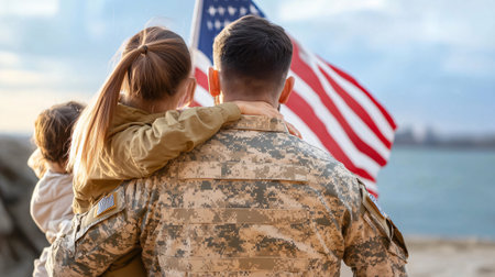 Military family is reunited on a beach with the american flag waving in the backgroundの素材