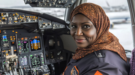 Confident female pilot wearing hijab smiling inside the cockpit of a commercial airplaneの素材