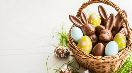 Wicker basket overflowing with chocolate easter bunnies and decorated eggs is sitting on a white wooden table with grassの素材