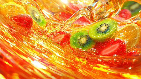 Slices of kiwi, strawberry and orange swirling in a fresh juice splashの素材