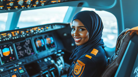 Young female pilot wearing hijab smiling inside the cockpit of a modern aircraftの素材