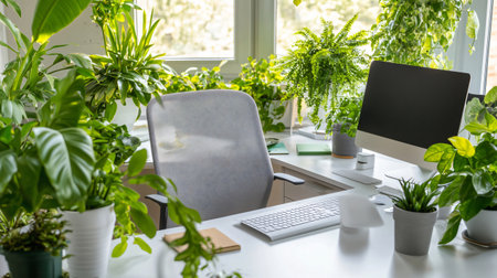 Home office desk with computer keyboard, mouse and plants surrounding an ergonomic office chair, promoting a calming and productive work environmentの素材