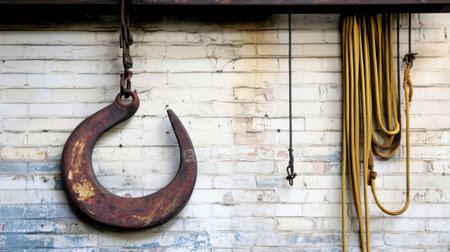Rusty hook and yellow ropes hanging from a metal beam against a weathered white brick wall, creating an industrial sceneの素材
