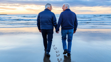 Two retired men are enjoying a romantic walk on the beach at sunset, leaving footprints in the sandの素材