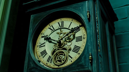 Intricate clock tower mechanism telling time through history with its vintage clock face and exposed gearsの素材