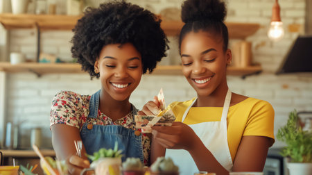 Two female florists are carefully arranging a flower bouquet in their shop, both are smiling and looking at the flowersの素材