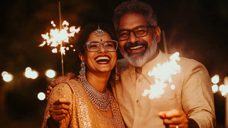 Joyful mature couple in traditional kurta pajama clothing laughing and holding sparklers during a festive night celebrationの素材