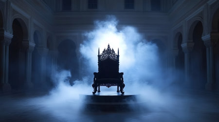 Ornate throne chair standing in a palace, surrounded by smoke and blue light, creating a mysterious and majestic atmosphereの素材