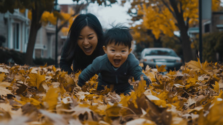 Mother and son are laughing and having fun while playing in a pile of autumn leavesの素材