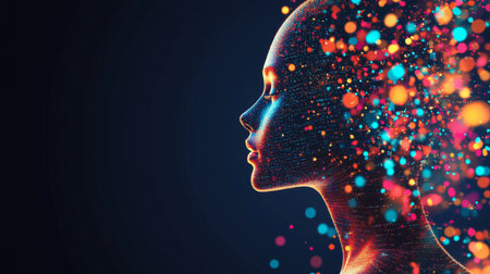 Side view portrait of a woman's face made of colorful particles representing artificial intelligence conceptの素材