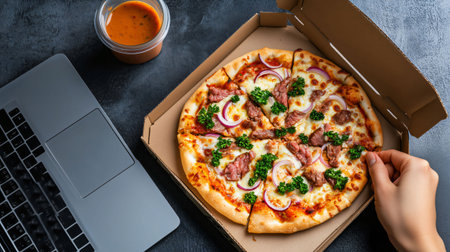 Employee enjoying pizza lunch break at workplace with laptop and soupの素材