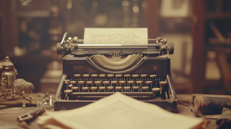 Old typewriter sits on a desk with a piece of paper sticking out, waiting to be readの素材