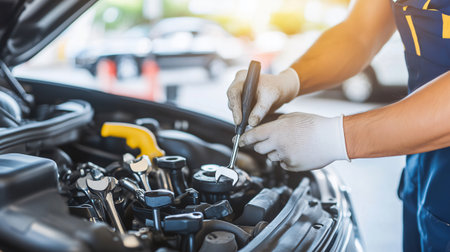 Close up of mechanic's hands working on car engine using wrench, performing vehicle maintenance in professional garageの素材