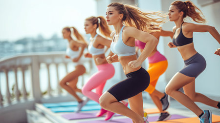 Group of fit women in sportswear running on spot during an outdoor fitness classの素材