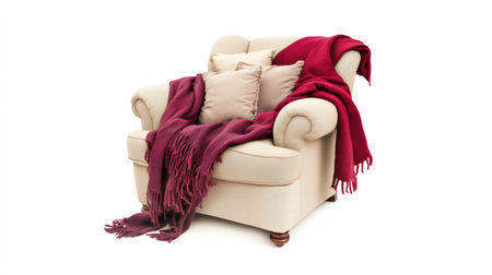 Cozy armchair with soft pillows and warm plaid inviting to relax and restの素材