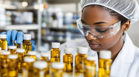 Scientist is examining medicine bottles while working in a pharmaceutical labの素材