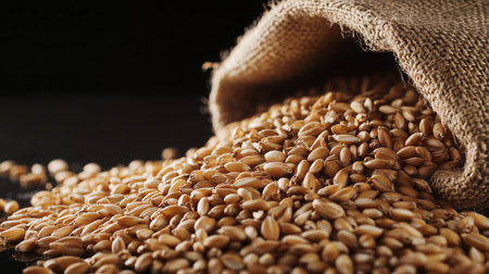 Barley grains spilling from a burlap sack create a visually appealing display of this important agricultural commodityの素材