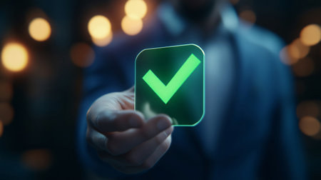 Businessman is holding a futuristic glowing green check mark icon, symbolizing approval and successの素材
