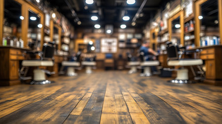 Featuring a wooden floor, this image shows an empty barbershop interior with nobody presentの素材