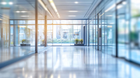 Blurred empty modern open space office interior with glass wallsの素材