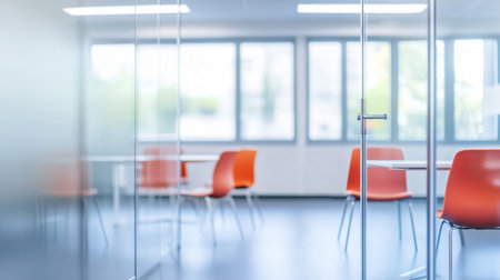 Blurred view of an empty modern open plan office interior with glass walls showing a meeting roomの素材